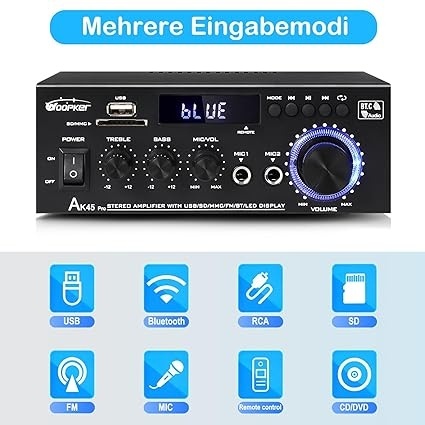 AK45 Pro - mini wzmacniacz HiFi z Bluetooth 5.0, kino domowe, stereo z regulacją basów i tonów wysokich, USB/RCA/MIC/FM
