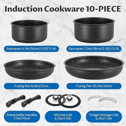 BEZIA Zestaw Garnków I Patelni Indukcyjnych 10-Częściowy - Ceramiczny, Z Odczepianymi Rączkami