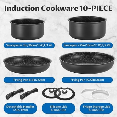 BEZIA Zestaw Garnków I Patelni Indukcyjnych 10-Częściowy - Ceramiczny, Z Odczepianymi Rączkami
