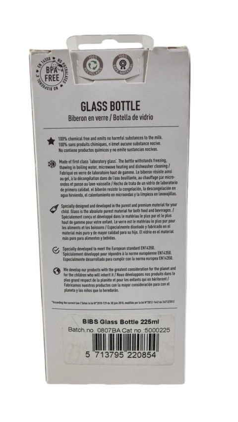 BIBS Szklana Butelka 225 ml - Bezpieczna, trwała butelka dla niemowląt