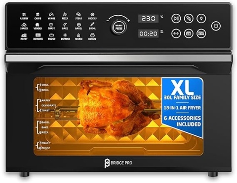 Bridge Pro Frytkownica Beztłuszczowa 30 L 1800 W - Piekarnik Z Rożnem, 20 W 1, Szybkie Gotowanie I Cyrkulacja Gorącego Powietrza