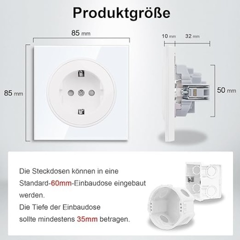 CNBINGO - gniazdo szklane Schuko z blokadą dziecięcą, 16 A, montaż podtynkowy z łapkami, kolor biały