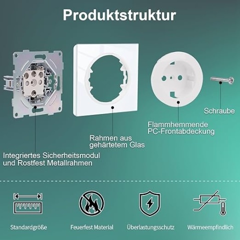 CNBINGO - gniazdo szklane Schuko z blokadą dziecięcą, 16 A, montaż podtynkowy z łapkami, kolor biały