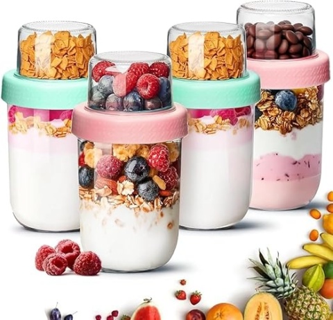 ComSaf Słoiki Na Overnight Oats Z Pokrywkami 16 oz + 4 oz - Zestaw 4 szt., Dwuwarstwowe