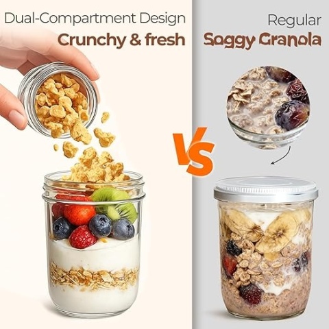 ComSaf Słoiki Na Overnight Oats Z Pokrywkami 16 oz + 4 oz - Zestaw 4 szt., Dwuwarstwowe