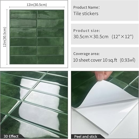 DEWOO Naklejki Na Płytki Metro 3D - 20 szt., Zielone, Samoprzylepne 30,5 × 30,5 cm