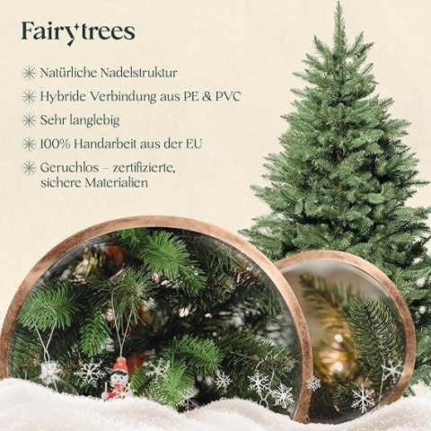 Fairytrees Sztuczna Choinka Nordmann Premium 180 Cm - Realistyczna, Ręcznie Wykonana Z Drewnianą Podstawką