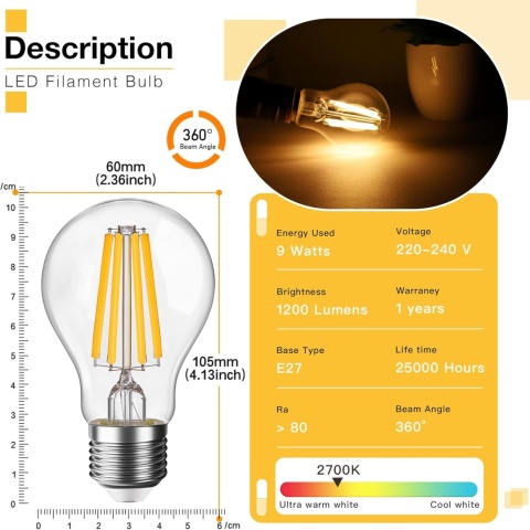 Genixgreen - Zestaw 2 żarówek LED E27 ściemnialnych, 9 W (odpowiednik 100 W), 1200 lm, A60/A19, 2700K ciepła biel, AC 220-240 V