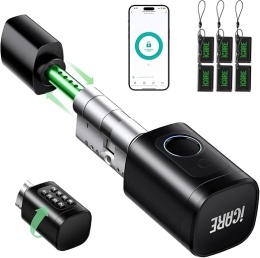 ICARE - inteligentny zamek do drzwi z czytnikiem linii papilarnych, regulowany cylinder 60-90 mm, RFID, Bluetooth, aplikacja mob