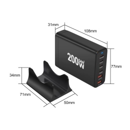 Ładowarka GaN 200 W - Szybka Ładowarka 6-Portowa USB-C/USB z PD i Quick Charge 3.0