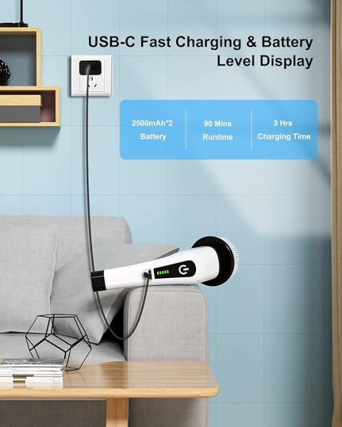 Leebein - elektryczna, bezprzewodowa szczotka czyszcząca 360°, 2 prędkości, 8 wymiennych końcówek, regulowany i odłączany uchwyt