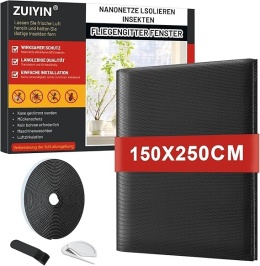 ZUIYIN Moskitiera na Okno 150 × 250 cm - Czarna, bez wiercenia, siatka przeciw owadom z ulepszonym rzepem 2.0