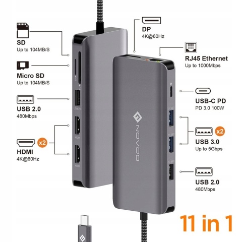 NOVOO 11 in 1 PRO +Stacja dokująca Hub USB C 4K 60Hz