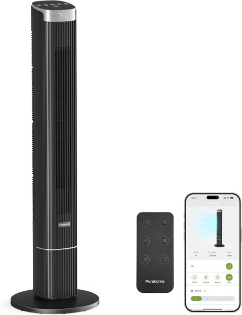 Pureborne Wentylator Kolumnowy Smart 42" Z Pilotem I Aplikacją - Cichy 25 Db, 4 Tryby, Timer 12 H, Wyświetlacz Led
