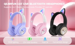 QearFun Dziecięce Słuchawki Bluetooth Z Kotkiem - LED, Mikrofon, Jack 3,5 mm