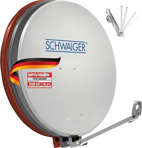 SCHWAIGER 88 cm - Aluminiowa Antena Satelitarna z Ramieniem LNB i Mocowaniem na Maszt, Parabola 88×88 cm, Jasnoszara
