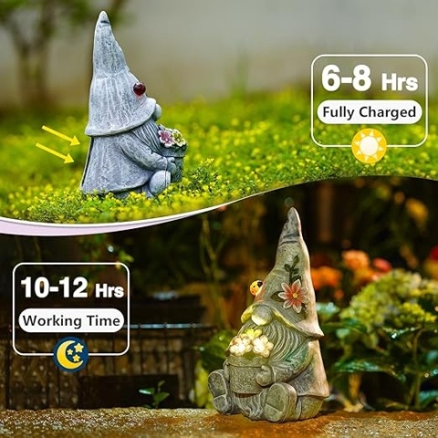 Solarne Krasnal Ogrodowy Z Kwiatami - Dekoracyjna Figurka LED Do Ogrodu I Na Taras
