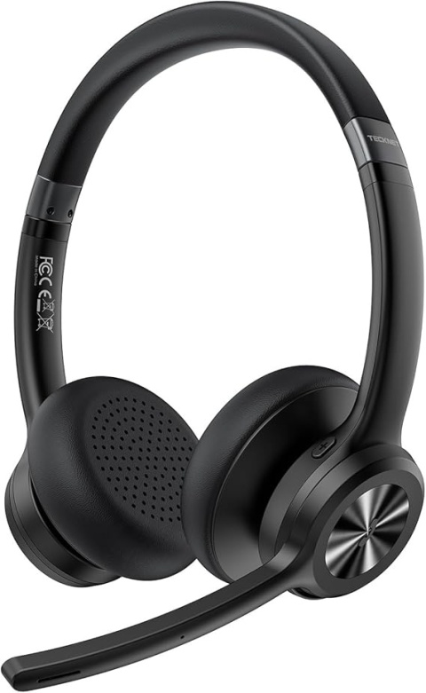 TECKNET - bezprzewodowy headset Bluetooth 5.2 z mikrofonem, redukcją hałasu, funkcją wyciszania i 50 h pracy, idealny do biura,