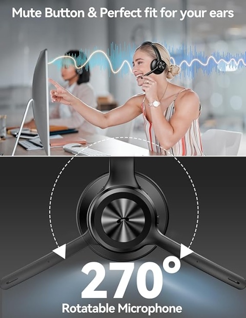 TECKNET - bezprzewodowy headset Bluetooth 5.2 z mikrofonem, redukcją hałasu, funkcją wyciszania i 50 h pracy, idealny do biura,