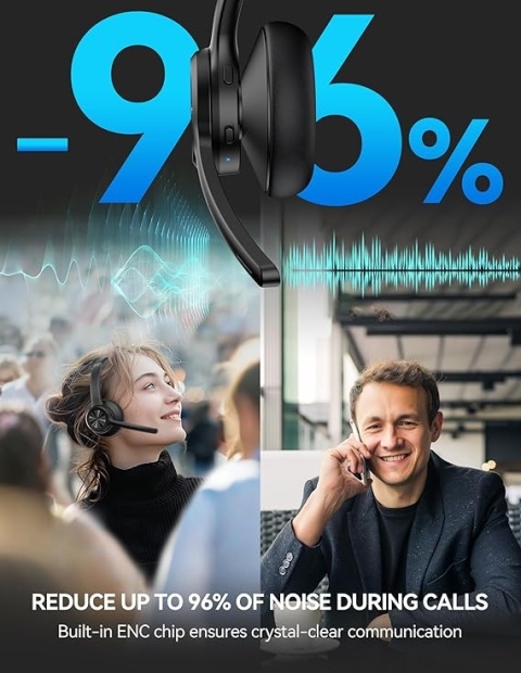 TECKNET - bezprzewodowy headset Bluetooth 5.2 z mikrofonem, redukcją hałasu, funkcją wyciszania i 50 h pracy, idealny do biura,