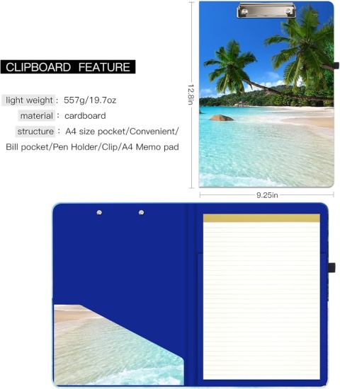 Teczka z klipem i notesem - clipboard z wymiennym notatnikiem i kieszenią wewnętrzną, 32,5 × 23,5 cm, motyw „Seaside Coconut Tre