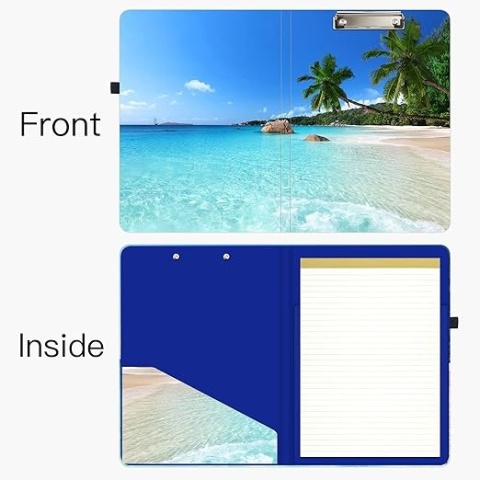 Teczka z klipem i notesem - clipboard z wymiennym notatnikiem i kieszenią wewnętrzną, 32,5 × 23,5 cm, motyw „Seaside Coconut Tre