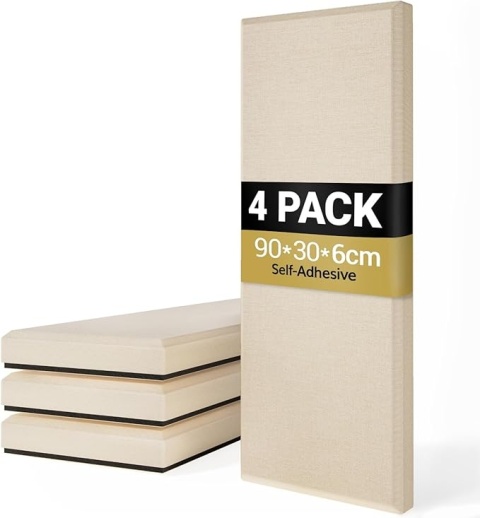 Tonor Zestaw 4 Paneli Akustycznych 90×30×6 Cm - 3d Dźwiękochłonne Panele Z Włókna Szklanego, Samoprzylepne, Beżowe