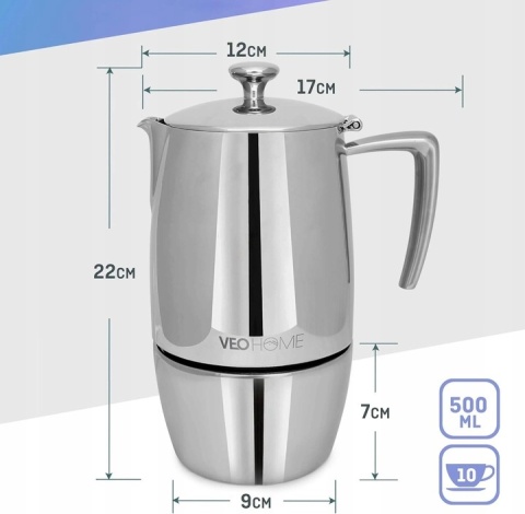 VeoHome Zaparzacz do Espresso Mokka 500 ml - Na 10 Filiżanek, z Podwójnym Filtrem