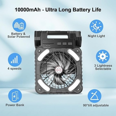 Wentylator Kempingowy Z Oświetleniem LED - Akumulatorowy I Solarny 10000 mAh